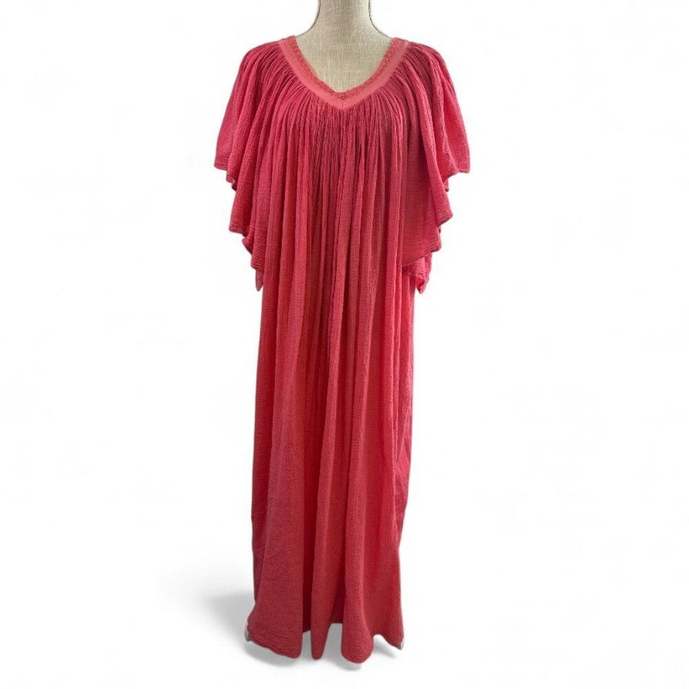 VTG 70s Amerikan Climax Tent Dress Cotton Gauze Angel Butterfly Sleeves Pink OS
